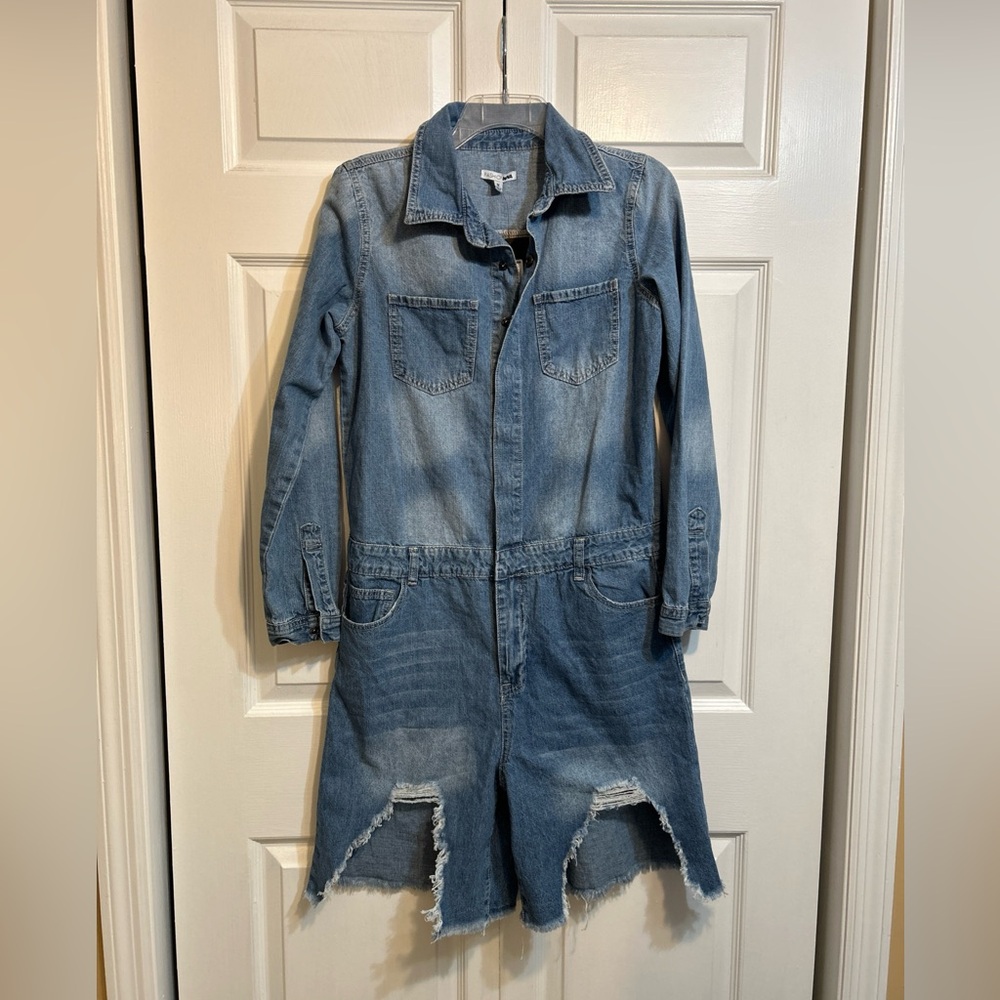 Fashion Nova Light Blue Distressed Denim Jumpsuit Romper